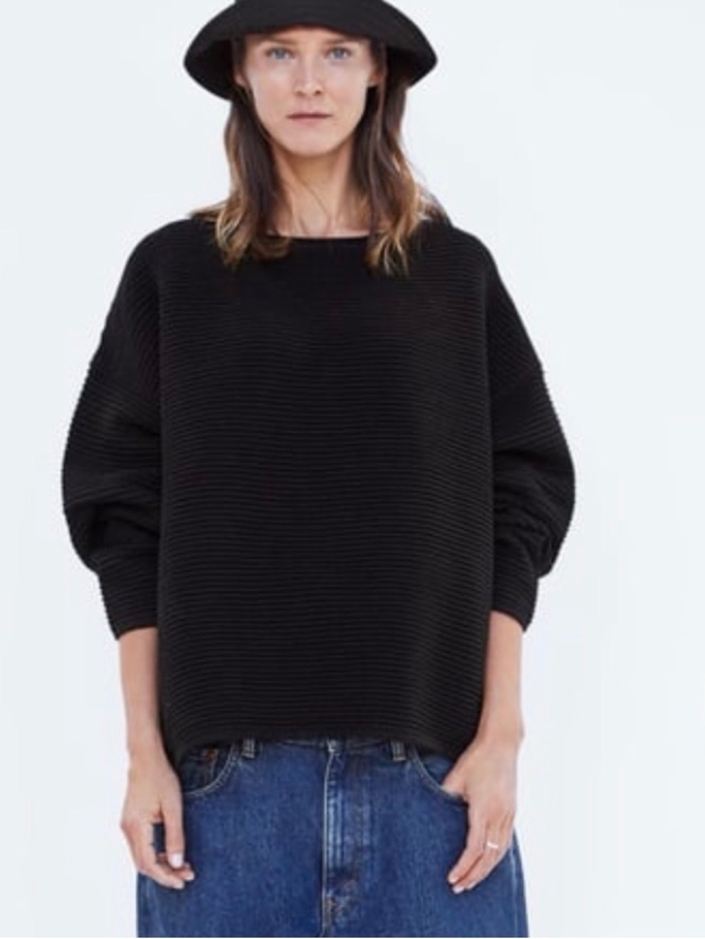Zara Black Ribbed Oversized Crewneck Sweater